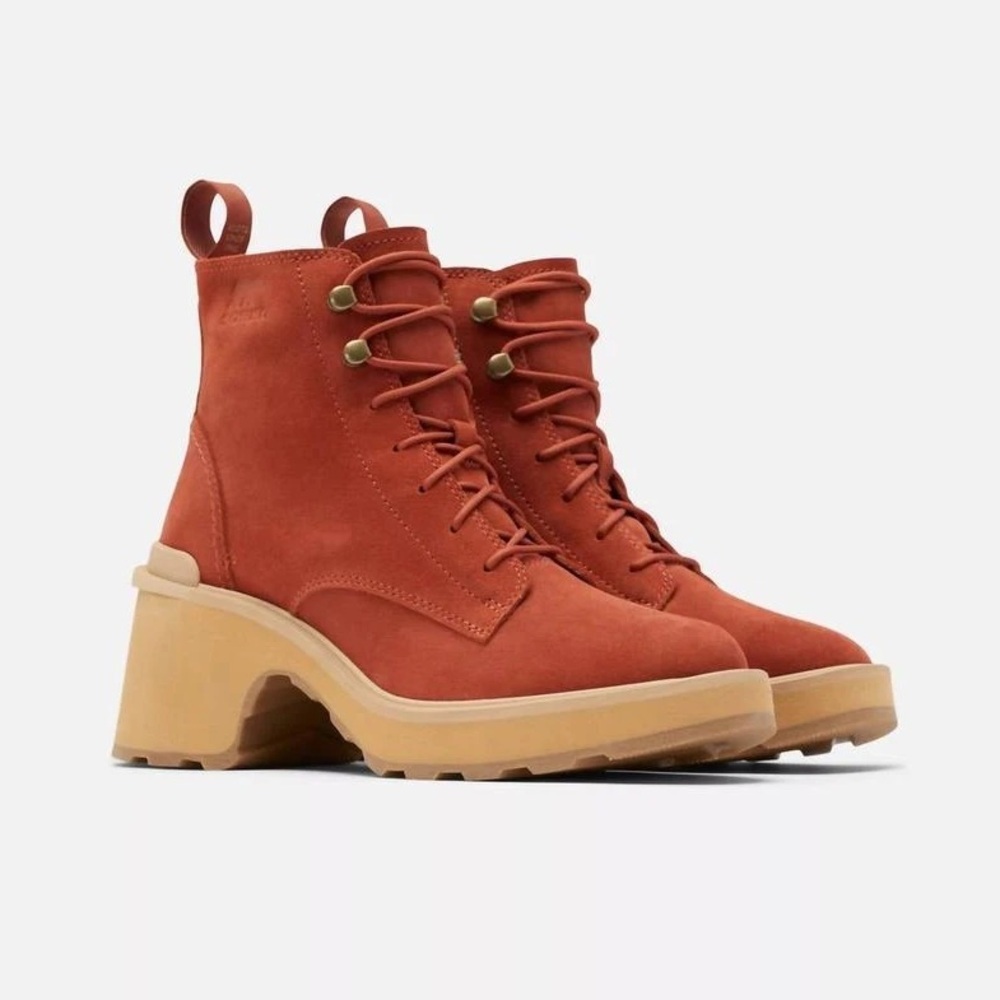 Sorel Hi-Line Lace Up Heel Boots Womens Size 10.5 Waterproof Suede Red Brown NWB